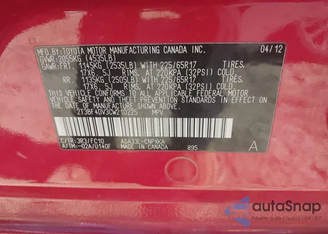 2012 Toyota Rav4 z USA, uszkodzony, nr VIN 2T3BF4DV3CW210225